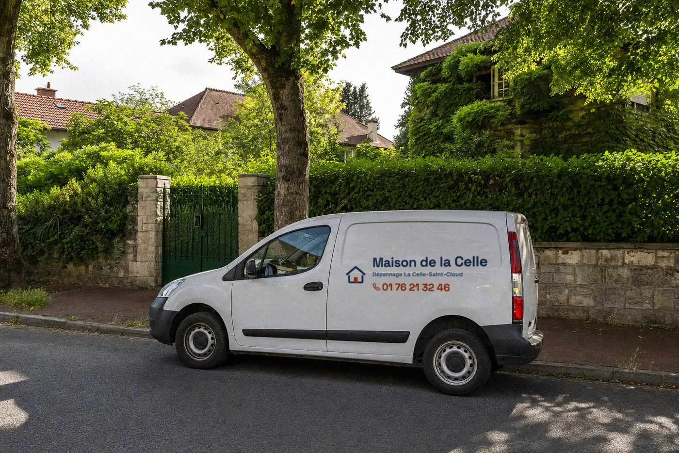Fourgon d'artisan stationné dans une rue résidentielle boisée des Yvelines (visuel d'illustration)